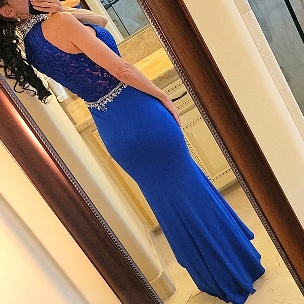 Blue Pearl & Rhinestoned Embellished Mermaid High-low Formal Dress, XS - Picture 7 of 16